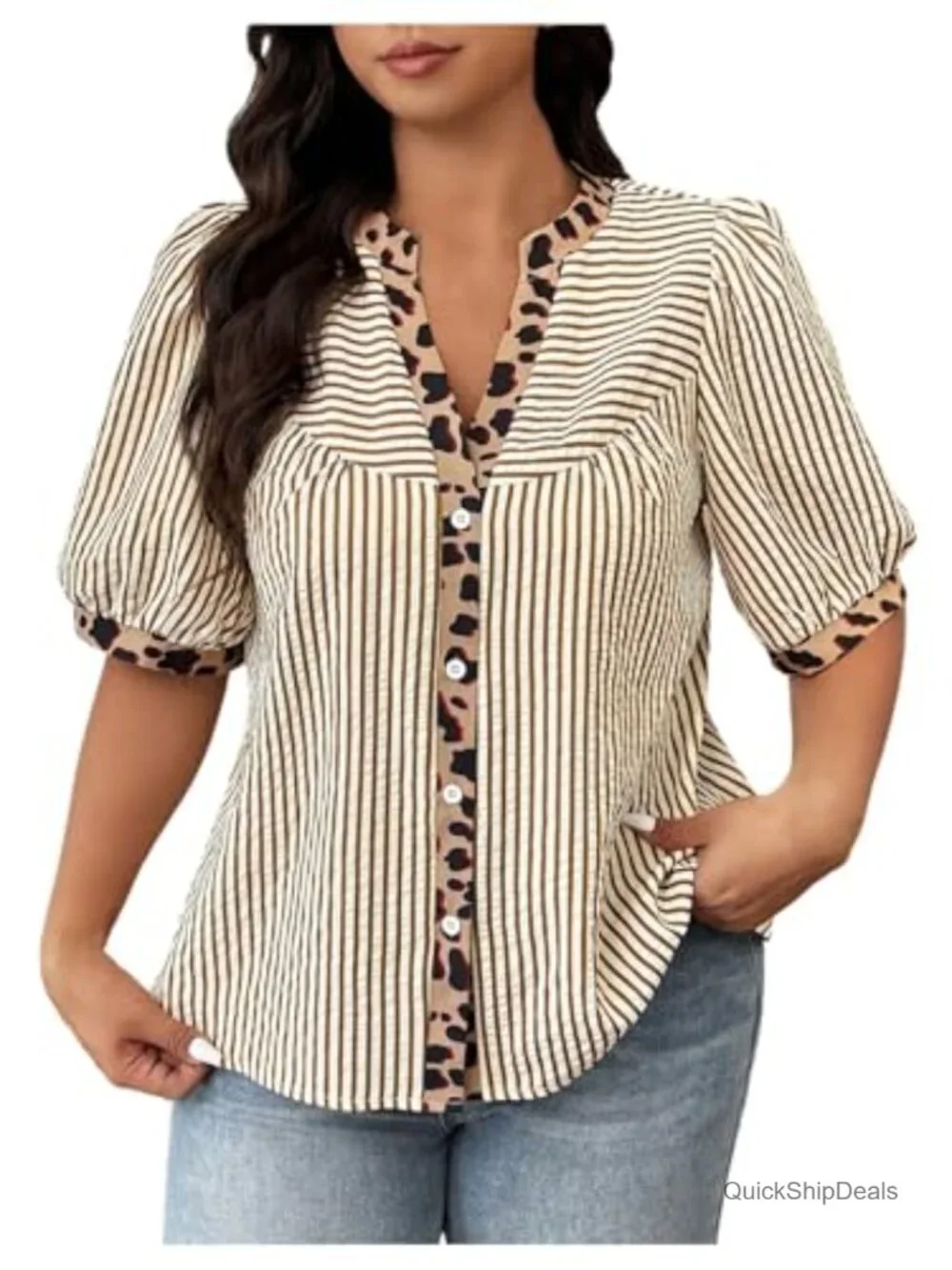 Leopard Button Up Blouse | Notched V Neck Half Sleeve | Business Casual Top